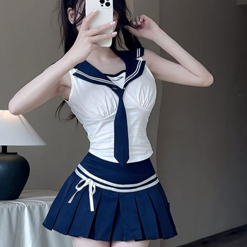 轻奢高货辣妹纯欲风海军领收腰无袖上衣百褶短裙jk制服套装女酒吧