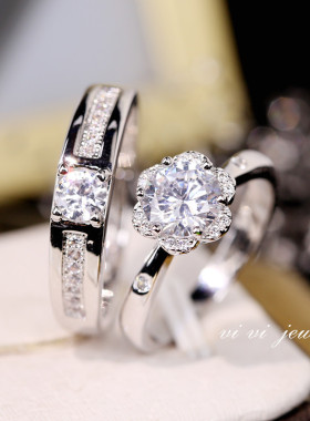 一克拉六爪花型简奢仿真钻戒结婚对戒活口戒指婚礼仪式用的道具