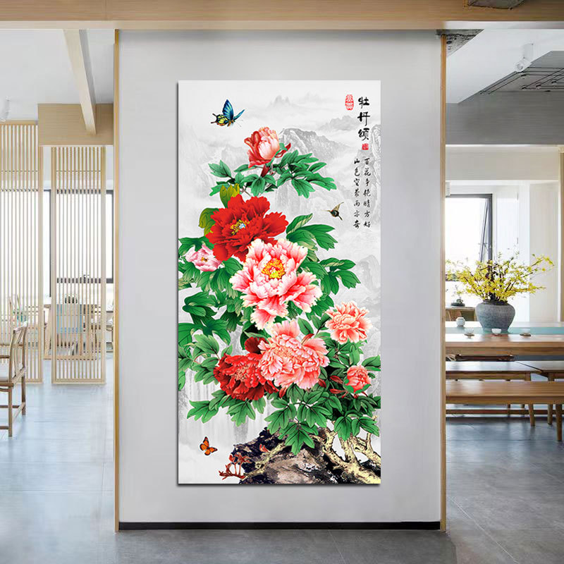 花开富贵牡丹玄关墙贴画客厅房间走廊竖版装饰画挂墙画中式风景画图片