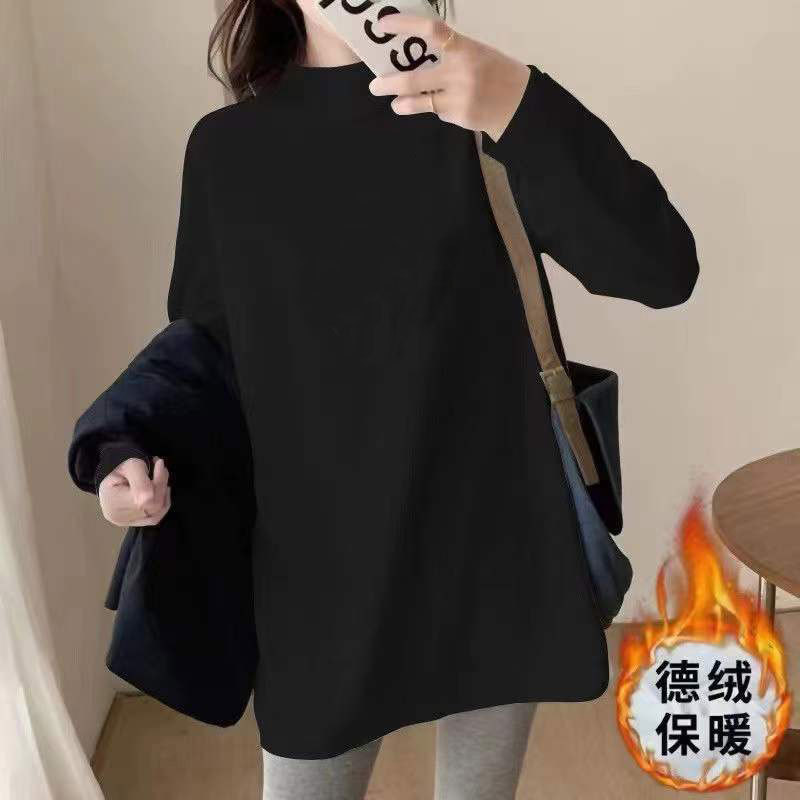 孕妇半高领打底衫秋冬装大码遮肚宽松中长款长袖t恤卡通加绒上衣1