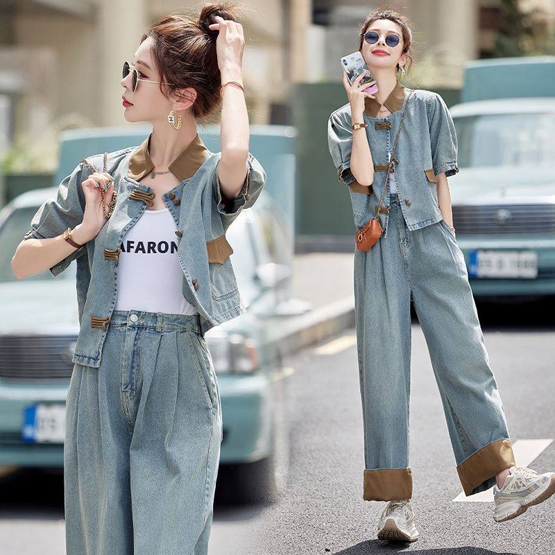 女新中式炸街阔腿裤两件套网红休闲短2024新款潮,女装/女士精品,时尚套装,淘宝优惠券,粉丝福利购,淘宝优惠卷