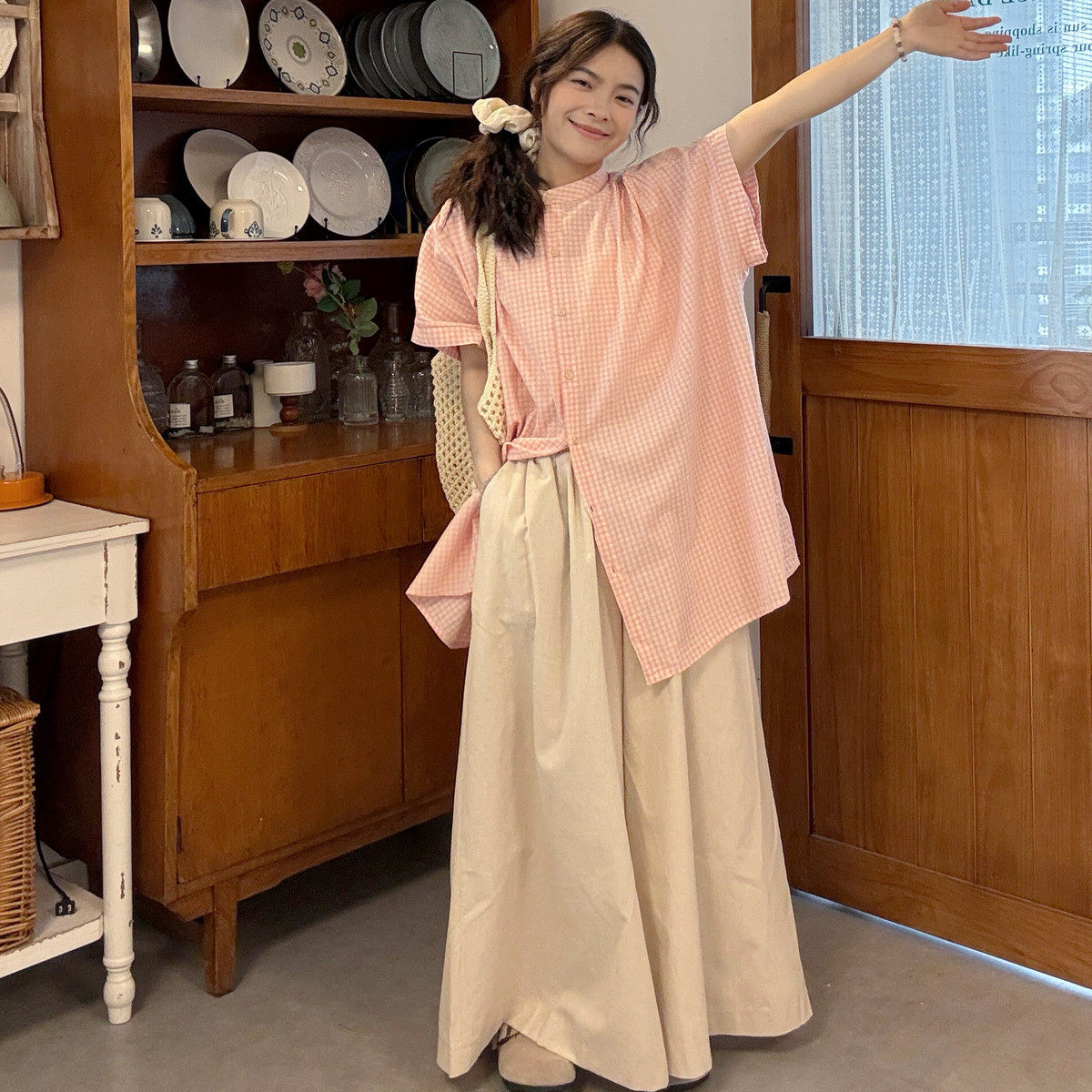 大码女装胖mm韩系甜美格子短袖衬衫女宽松显瘦百搭休闲阔腿裤套装