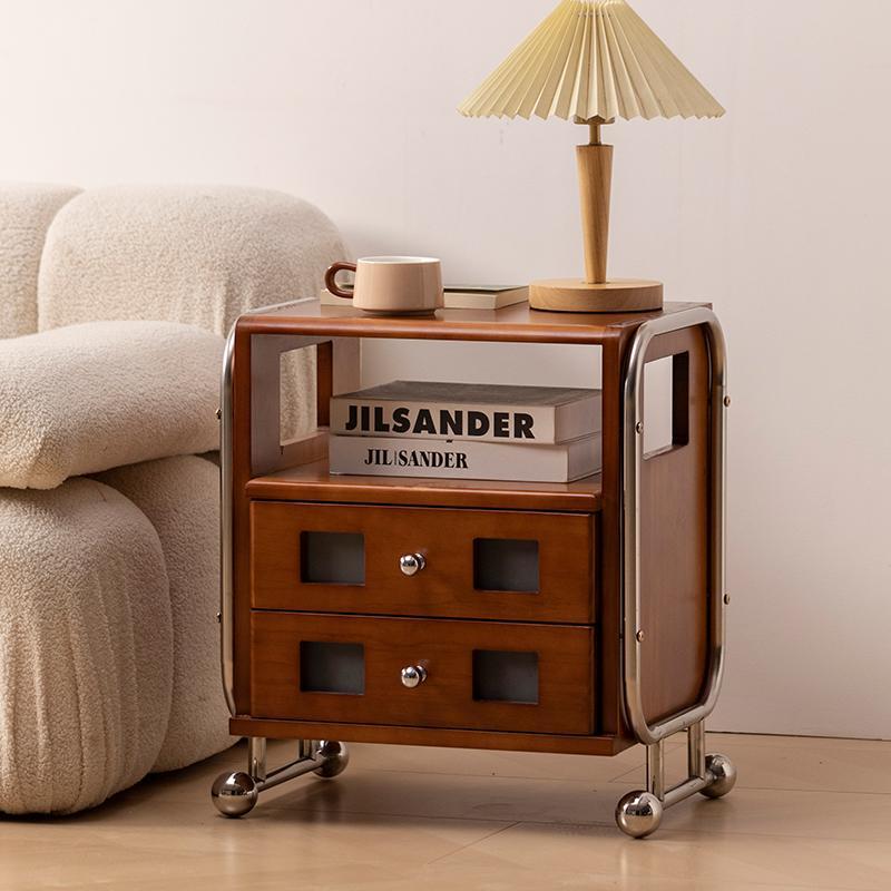 黄杨木法式复古实木百宝盒床头柜不锈钢中古卧室边柜包豪斯收纳柜