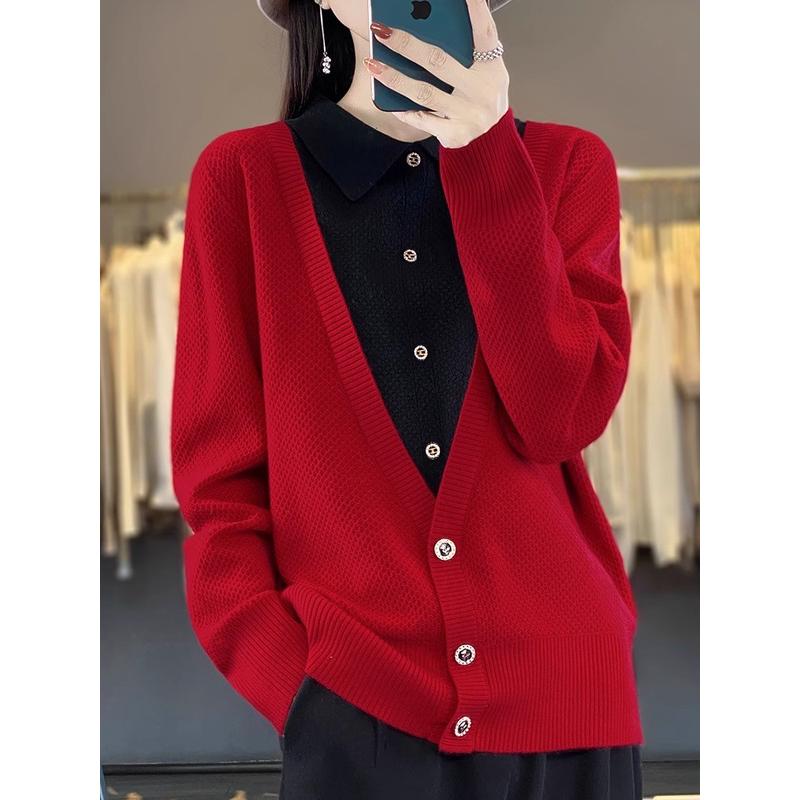新品2024春秋新款针织衫长袖假两件设计感polo领显瘦毛衣女洋气打