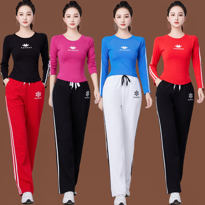 速发高货秋季新款运动套装t恤上衣长袖罗纹棉杨丽萍广场舞服装女