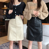 大码 纯色pu皮裙秋冬新款 显瘦a字开叉百搭包臀中裙