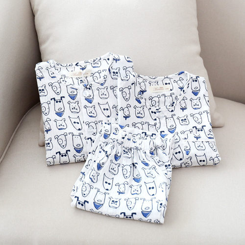 日系儿童春夏薄纯棉双层纱布男童春夏家居服全棉睡衣三件套