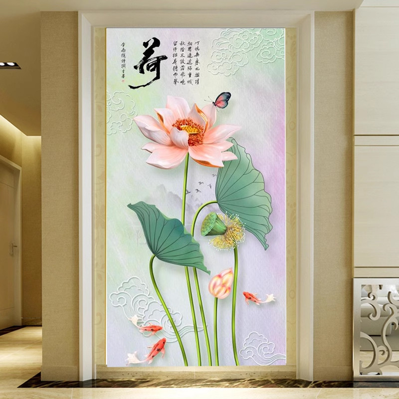 中式入户玄关走廊过道背景墙壁纸荷花鱼装饰壁画竖版进门墙纸墙布图片