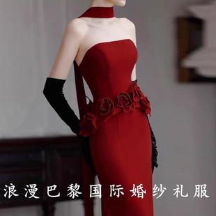 酒红色缎面抹胸小众敬酒服甜美气质简约修身 新品 答谢回门新娘订婚