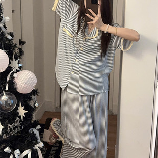 2025年新款 纯棉短袖 新品 睡衣女夏季 蓝白条纹日系家居服 长裤 春秋款