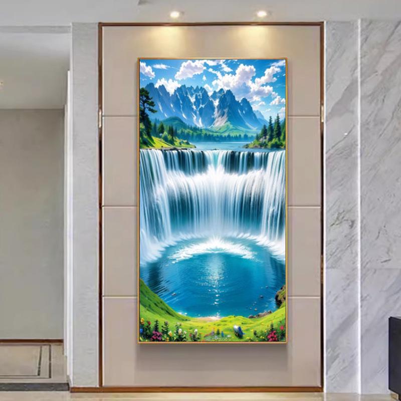 瀑布山水麋鹿九鱼装饰框画铝合金框平面晶瓷挂画轻奢玄关客厅山水图片