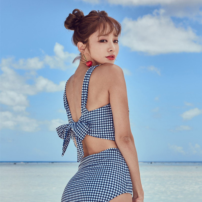 推荐韩国学生小胸钢托聚拢大胸分体泳衣高腰遮肚显瘦保守格子比基