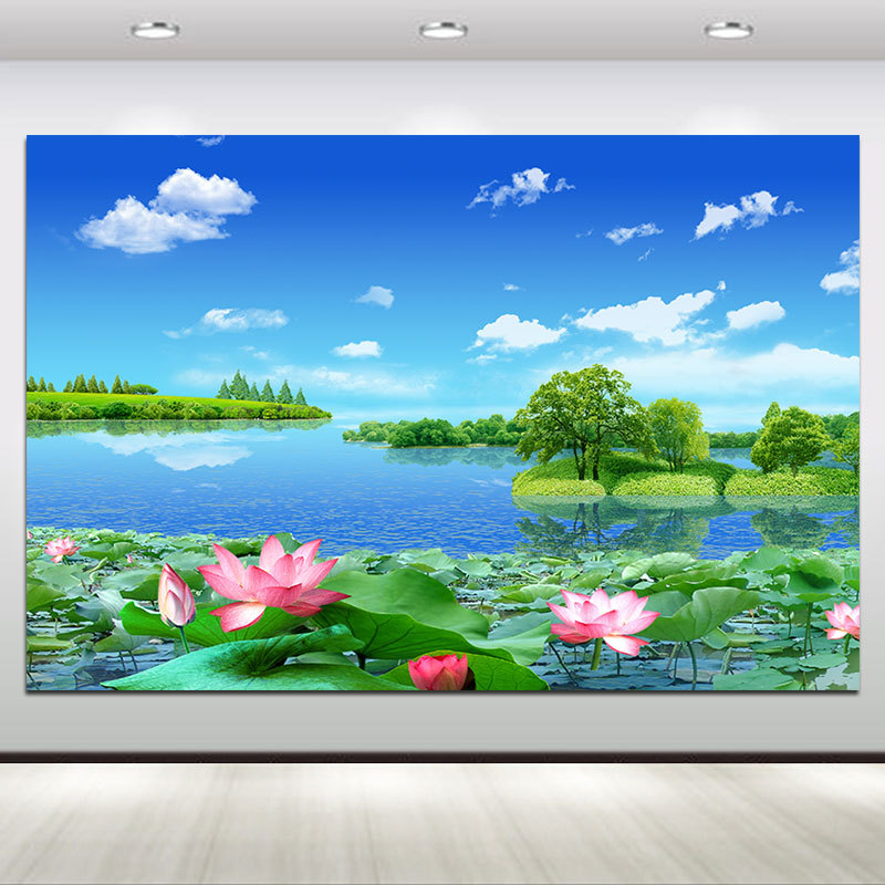 蓝天白云荷花山水风景画田园风光湖泊湖水唯美客厅卧室装饰画壁画图片