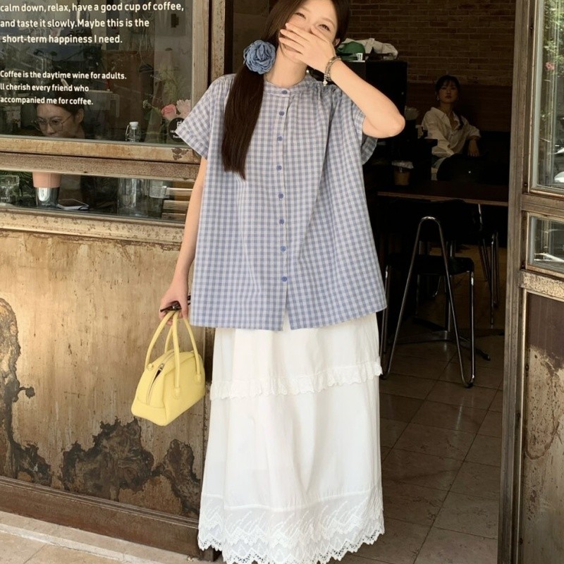 大码女装胖mm韩系复古套装女撞色格纹衬衫花边拼接半身裙两件套潮