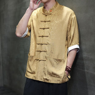 提花大码 衬衫 新中式 五分袖 薄款 极速改良汉服男中国风夏季 冰丝短袖