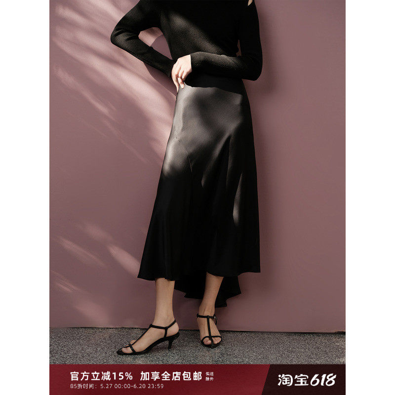 芝美日禾 双面鎏光 重磅醋酸缎面不规则分割大摆气质优雅女