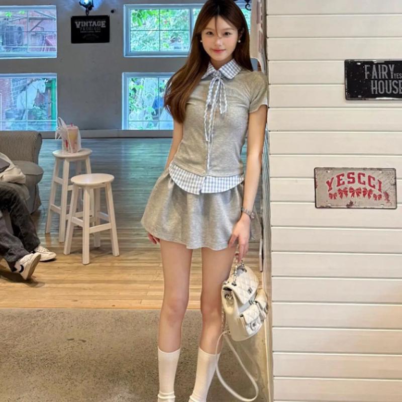 韩系学院风休闲运动服套装女夏季穿搭假两件POLO衫短袖短裙两件套