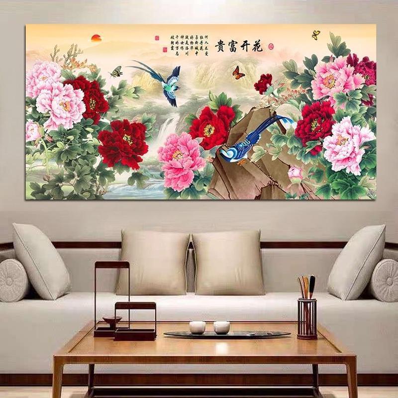 牡丹花开富贵装饰画国画牡丹客厅卧室沙发背景墙壁画花鸟自粘贴画图片