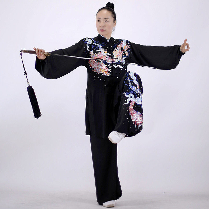 马蕾太极男夏长款黑太极服表演女武术练功比赛服秋贴纱绣蛟龙订做,运动/瑜伽/健身/球迷用品,太极服,淘宝优惠券,粉丝福利购,淘宝优惠卷