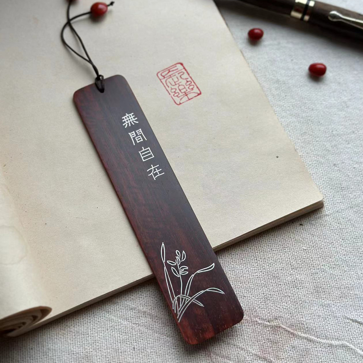定制印度小叶紫檀木镶银木质红木书签匠刻字手工国风花卉来图订制