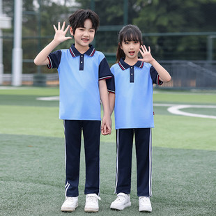 初高中 速发高品质夏季 校服小学生短袖 套装 蓝色园服班服T恤POLO衫