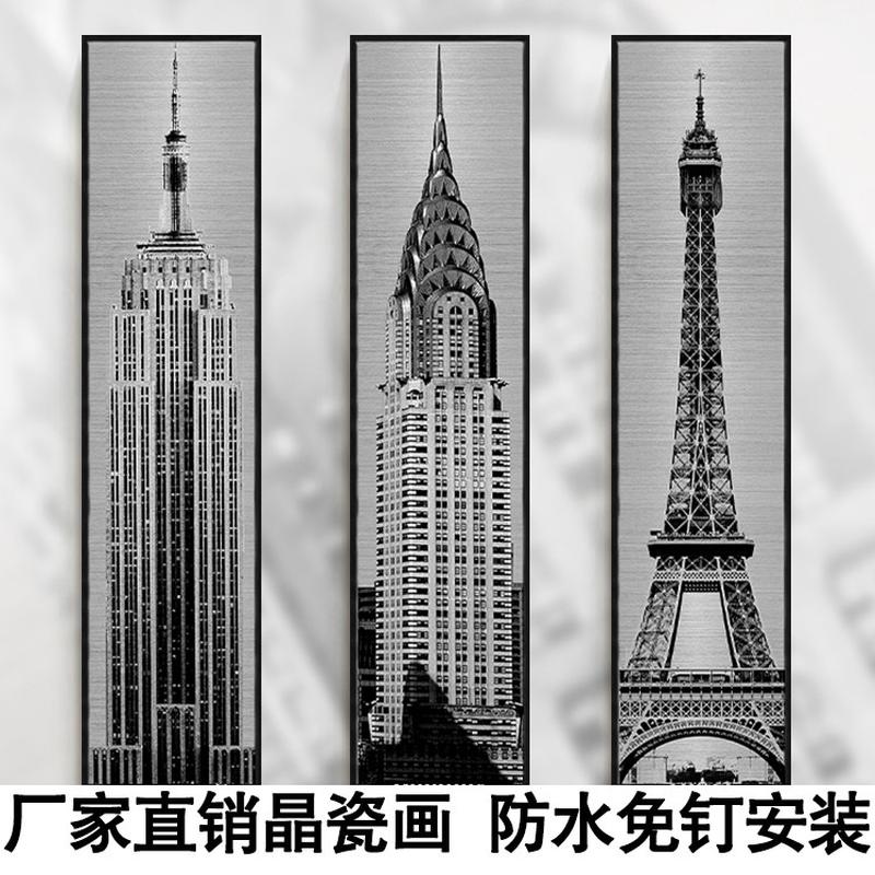 现代巴黎铁塔黑白建筑酒吧餐厅咖啡厅走廊墙竖长幅三联装饰画挂画图片
