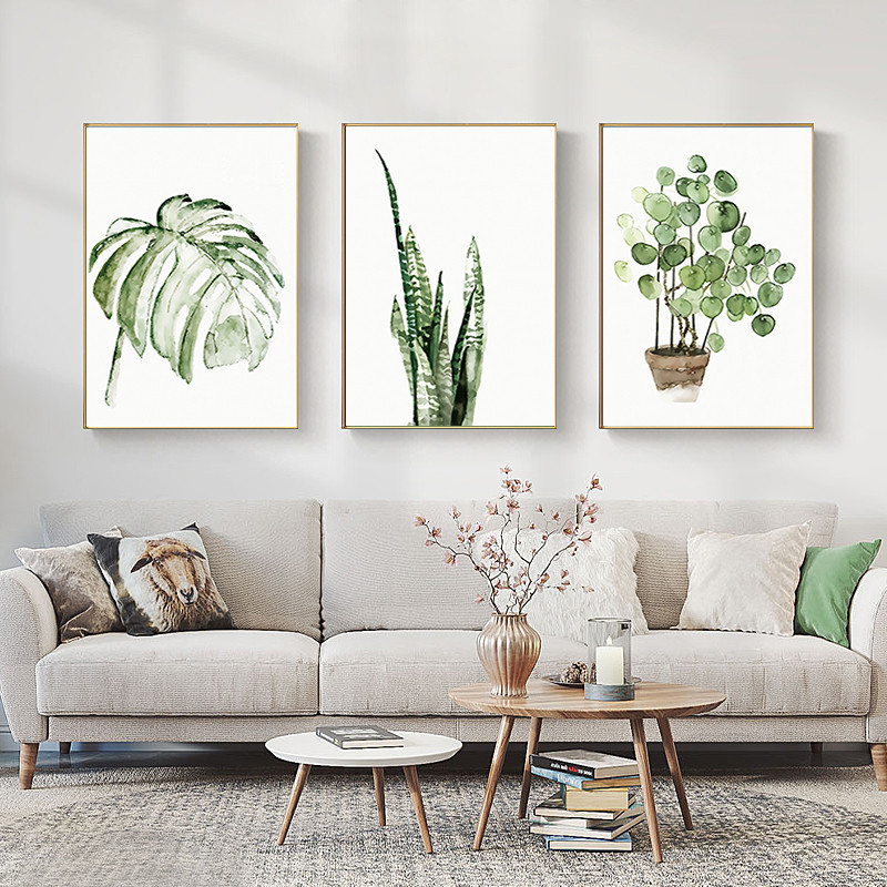 速发绿叶北欧客厅装饰画现代简约沙发背景墙挂画植物三联树叶壁画图片