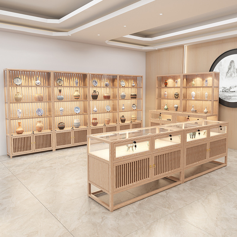 实木珠宝展示柜复古原木展柜玉器陈列柜玻璃中岛柜台中式吊柜壁柜