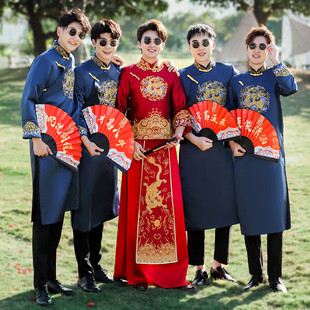 伴郎服中式兄弟装国风男士大码结婚礼兄弟团衣服搞笑国风唐装大褂