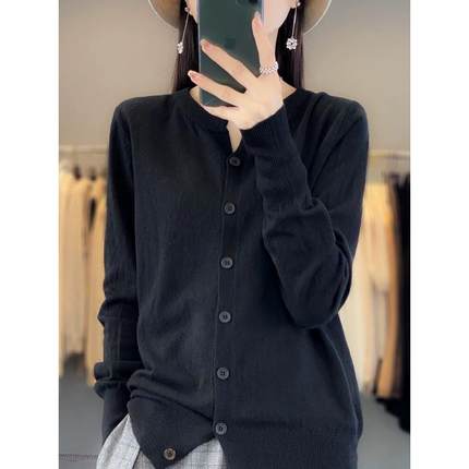 新品2024春秋新款100羊绒开衫女圆领宽松短款羊毛针织气质厚长袖