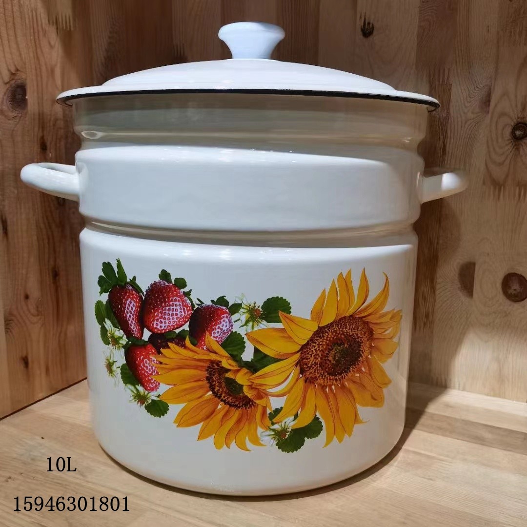 俄罗斯搪瓷锅进口双耳锅大锅盖桶米桶储物桶10L炖锅加厚搪瓷287
