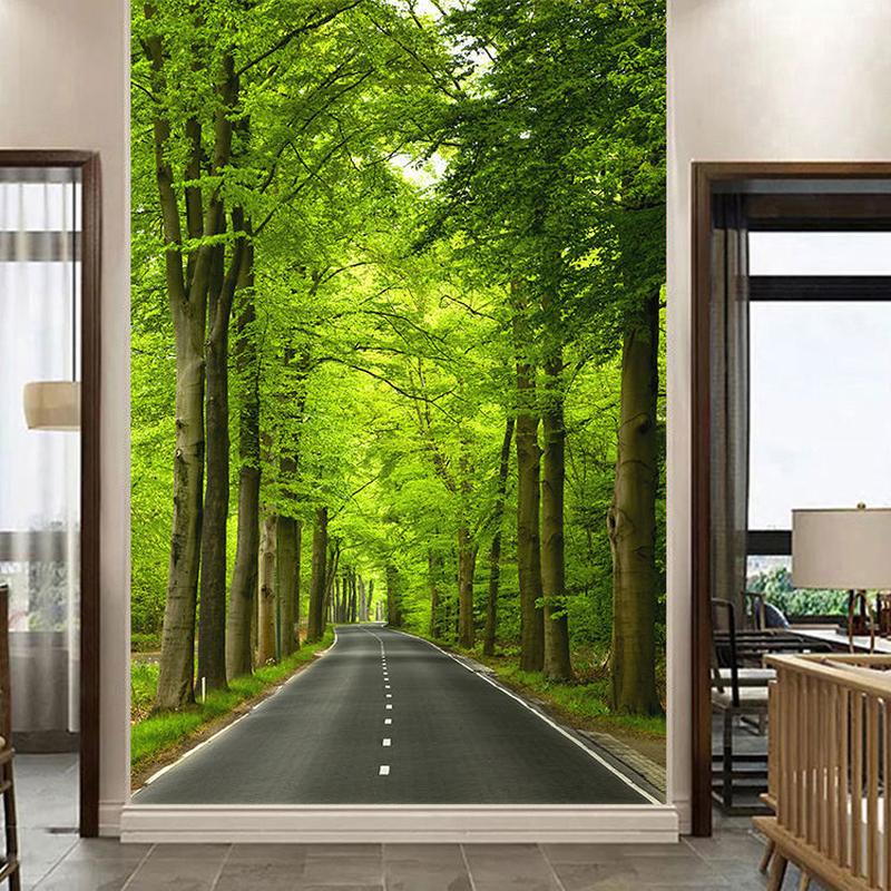 树林公路自然风景装饰画绿色森林道路玄关走廊壁画大树墙贴自粘画图片