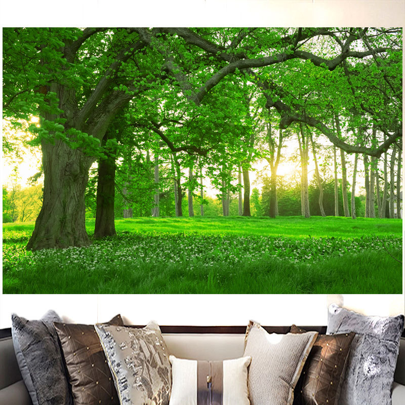 绿色招财树自然风景画客厅沙发背景墙装饰画阳光树木草地自粘贴画图片