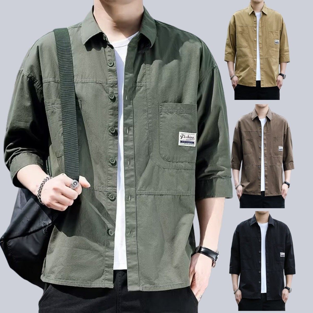 纯棉七分袖工作服衬衣薄款五分袖衬衫男中袖春夏青年工装多口袋外,男装,衬衫,淘宝优惠券,粉丝福利购,淘宝优惠卷