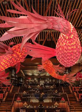 红色鱼形吊灯新中式餐厅火锅店饭店造型灯民宿创意酒店餐饮木艺灯