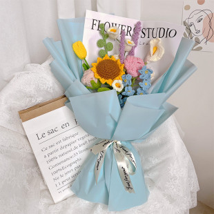 毛线花束玫瑰郁金香手工编织成品仿真花带包装干花节日礼品摆件