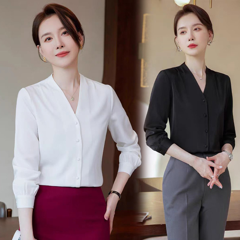 现货黑色V领衬衫女春秋新款长袖雪纺上衣高端气质职业装西装内搭