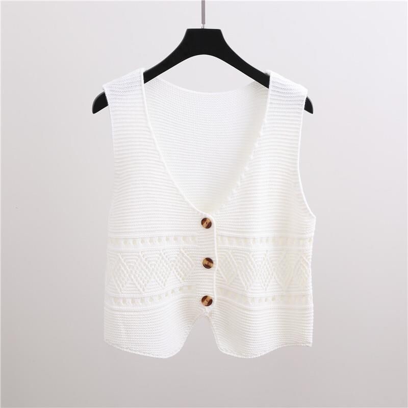镂空针织V领马甲女纯色短款春秋韩版百搭无袖单排扣开衫背心马夹