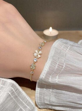 爱心贝母四叶草手链女款纯银999轻奢小众精致抽拉手饰情人节礼物