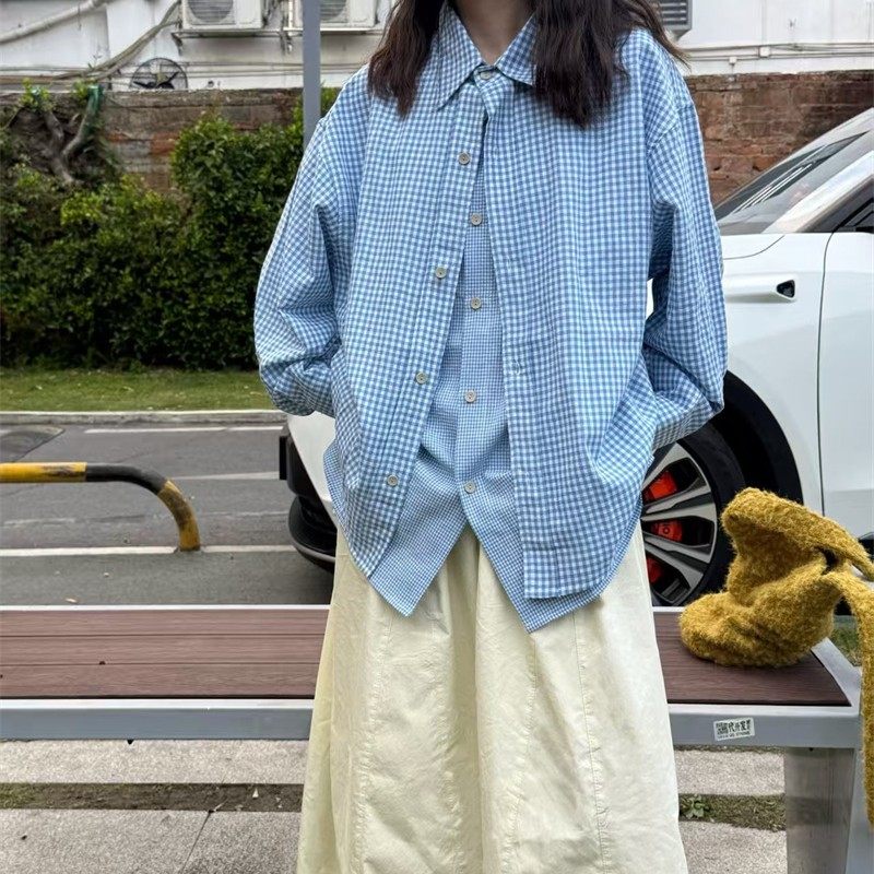 大码胖mm韩系复古格子假两件衬衫女装春季叠穿休闲阔腿裤两件套装