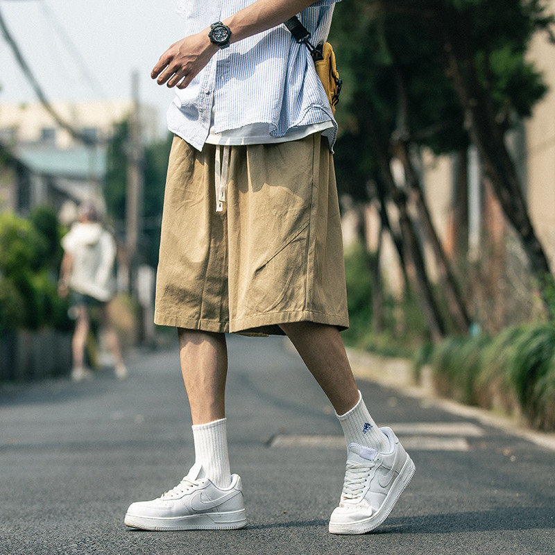 现货日系复古纯棉抽绳运动五分裤大码松紧腰短裤男款夏季新款休闲