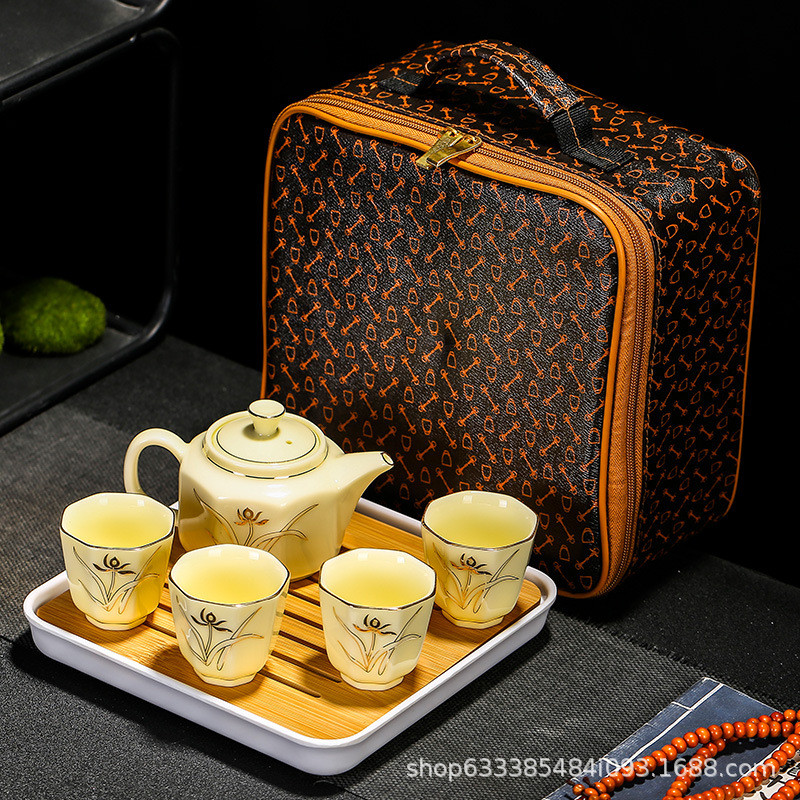 羊脂玉旅行茶具功夫茶具黄描金一壶四杯一壶两杯套装便捷家用宝石