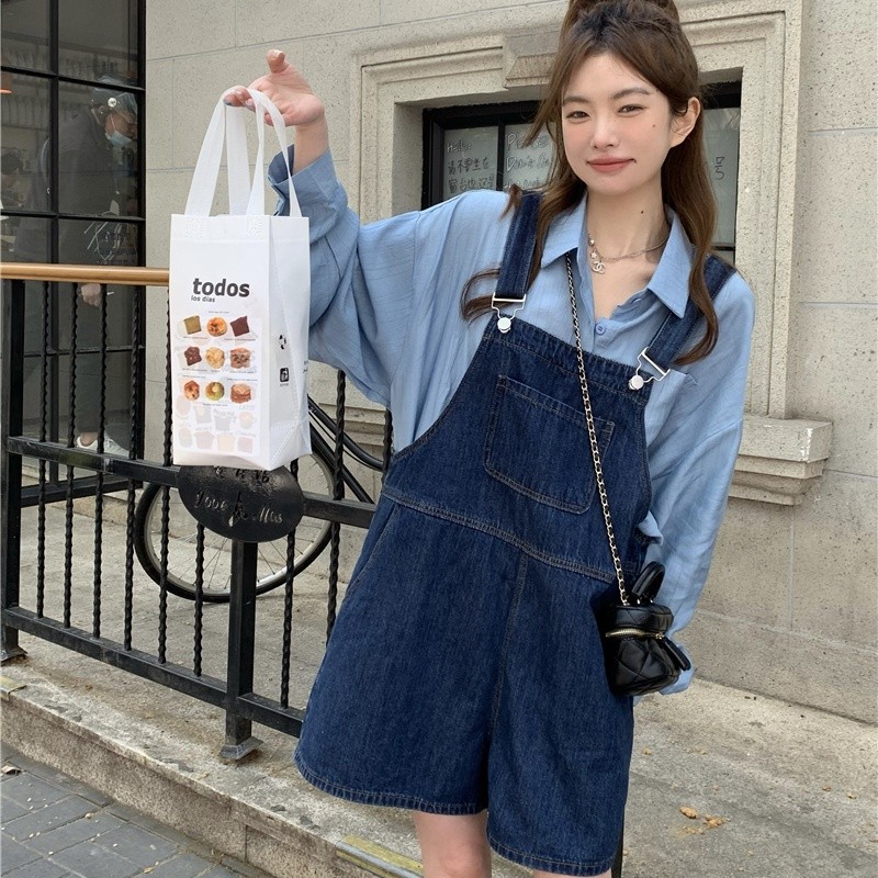 大码女装胖mm洋气减龄小个子套装女防晒长袖衬衫牛仔背带裤两件套