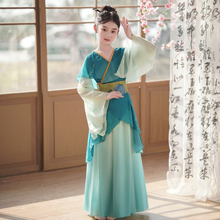 女童汉服儿童新中式古筝演出服古典舞蹈服超仙古装只此青绿表演服