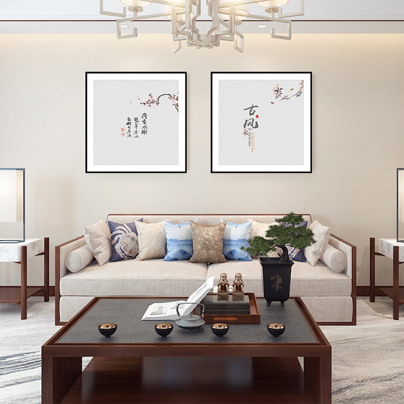 新中式简约文艺装饰画方形茶室禅意挂画客厅书房背景自粘墙贴壁画图片