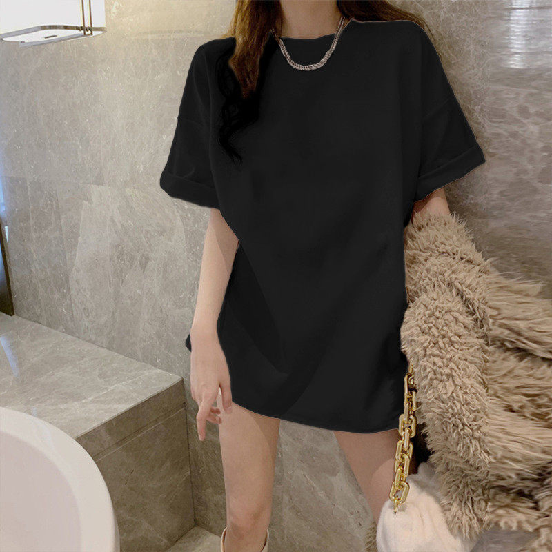 新品设计感小众白色短袖t恤女夏季新款中长款宽松纯棉小个子上衣i