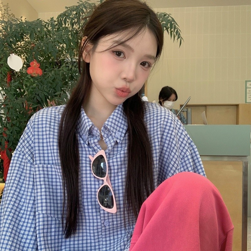 大码女装胖mm韩系复古蓝色格子衬衫女宽松显瘦百搭长袖衬衣外套潮
