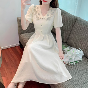 长 速发法式 设计感蕾丝刺绣领连衣裙女2025新款 时尚 气质女神范修身