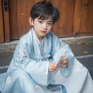儿童薄款宋代表演服男童古装白月青衫刺绣套装