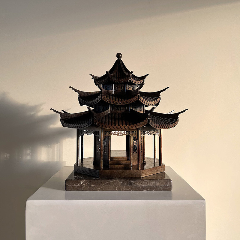 中国古建筑木模型中式古代木质拼装建筑成品古铜色模型摆件